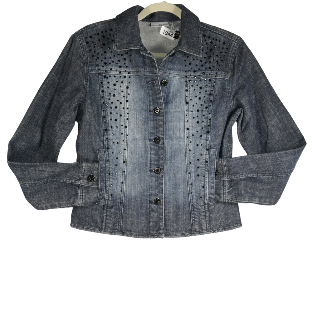 Chico's Platinum Distressed Denim Jacket Womens M Blue Embellished Rhinestones - Picture 2 of 9